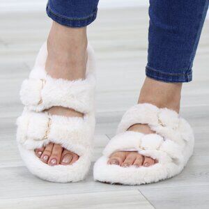 Beige Puff Fuzzy Fluffy Slip On Plush Slippers Double Strap